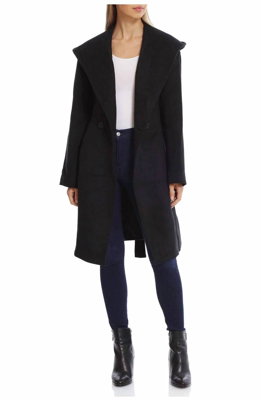 NEW AVEC LES FILLES double breasted twill hooded coat in black